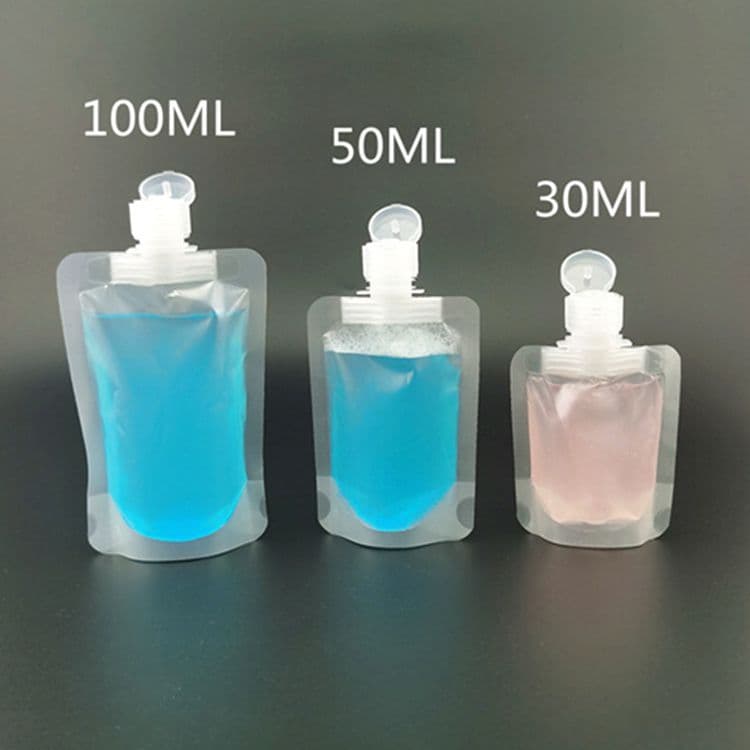 Stock supply 30g, 50ml, 100ml lotion refill bags, cosmetic and personal care flip-top spout bags