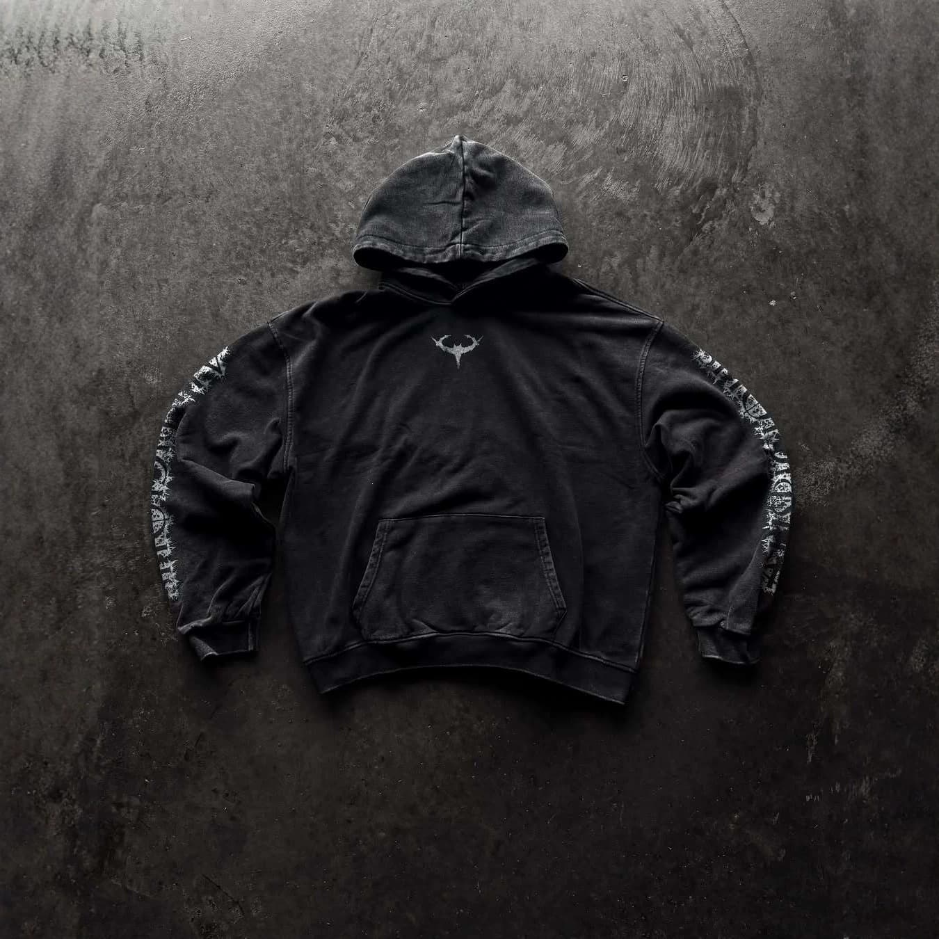 Dark Washed Distressed Hoodie with Demon Logo on Chest, Gothic Totem Print on Sleeves, Loose Fit Hooded Sweatshirt