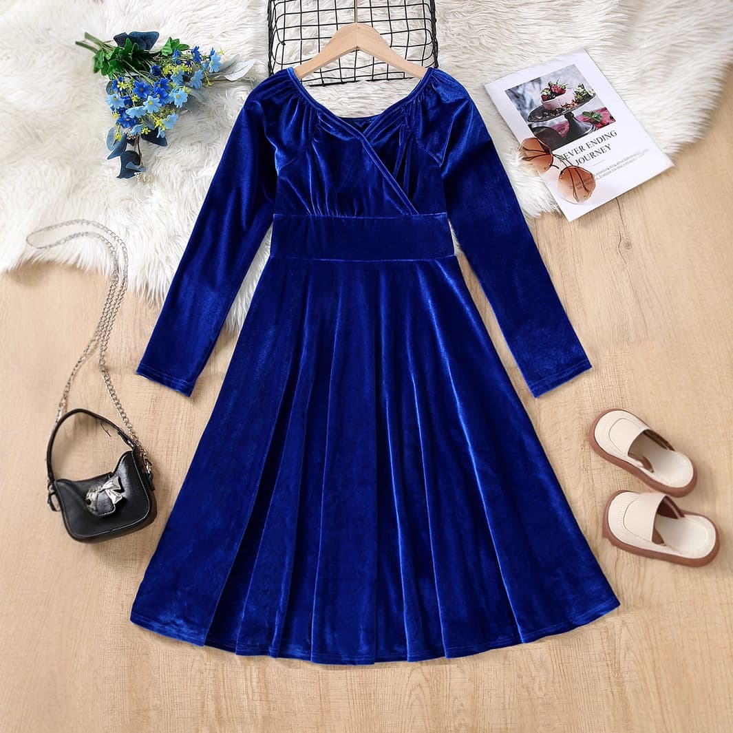 New Best-Selling Cross-Border Elegant Blue Long-Sleeve Waist-Defined Pleated Dress, Stylish and Fashionable, Amazon Exclusive