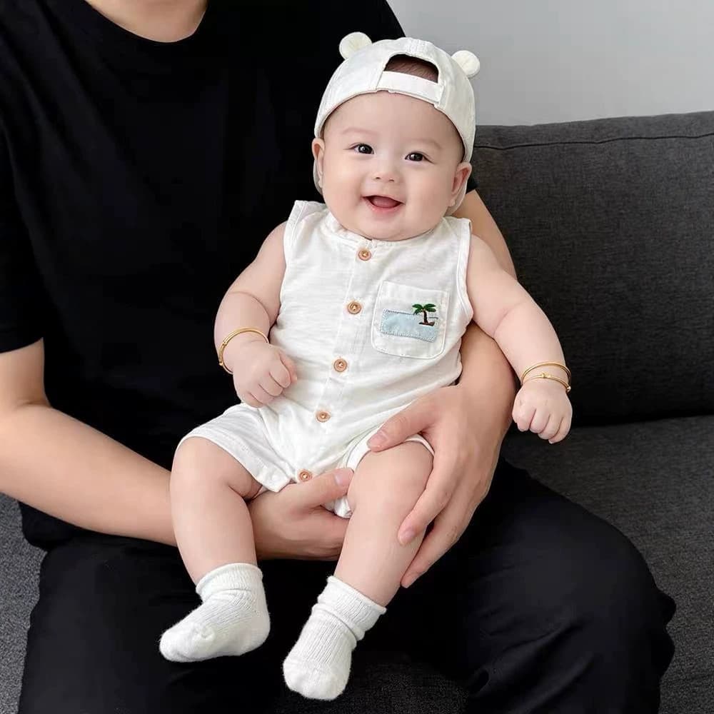 Infant summer cotton and linen one-piece short-sleeved one-piece clothing for newborns full moon and one hundred days and one year old for outings
