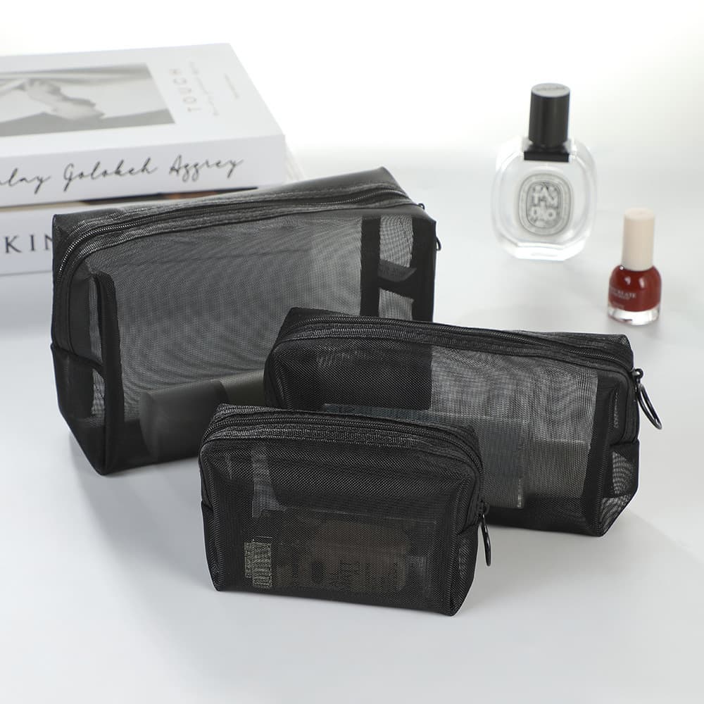 Cross-Border Nylon Mesh Makeup Bag, Large-Capacity Storage, High-End Three-Piece Set, Simple Transparent Cosmetics Storage Bag