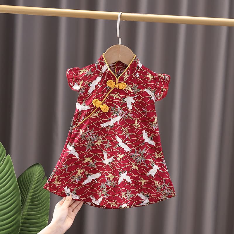 Girls' Cheongsam National-style Hanfu Summer 2024 New Arrival, Children's Full Moon Celebration Dress, Festival Baby Short-sleeve Dress