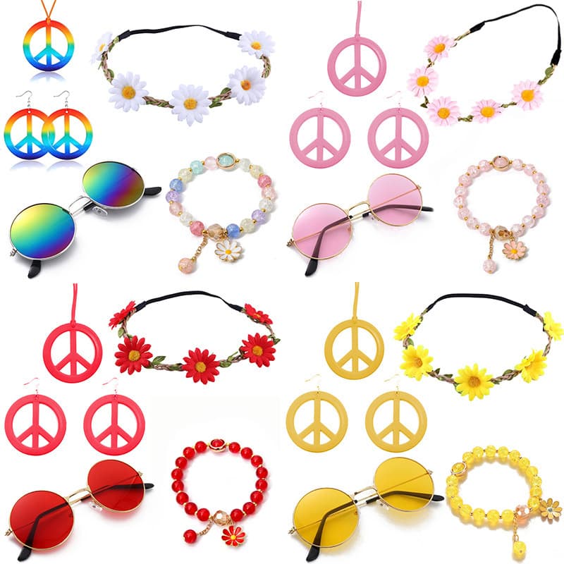 Hippie dress up props and peace charm Halloween party colorful earrings party necklace set hippie headband