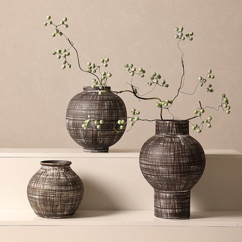 Vintage Handmade Brushed Texture Coarse Ceramic Vase Wabi-Sabi Style Distressed Pot High-End Large Living Room Flower Arrangement Art Vessel
