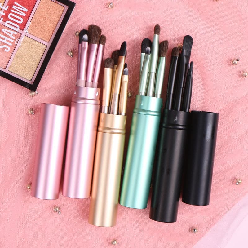 5-Piece Eyeshadow Brush Set with Animal Pony Hair, Aluminum Tube, 5-Piece Makeup Brush Set, Complete Makeup Tool Set with Brush Holder
