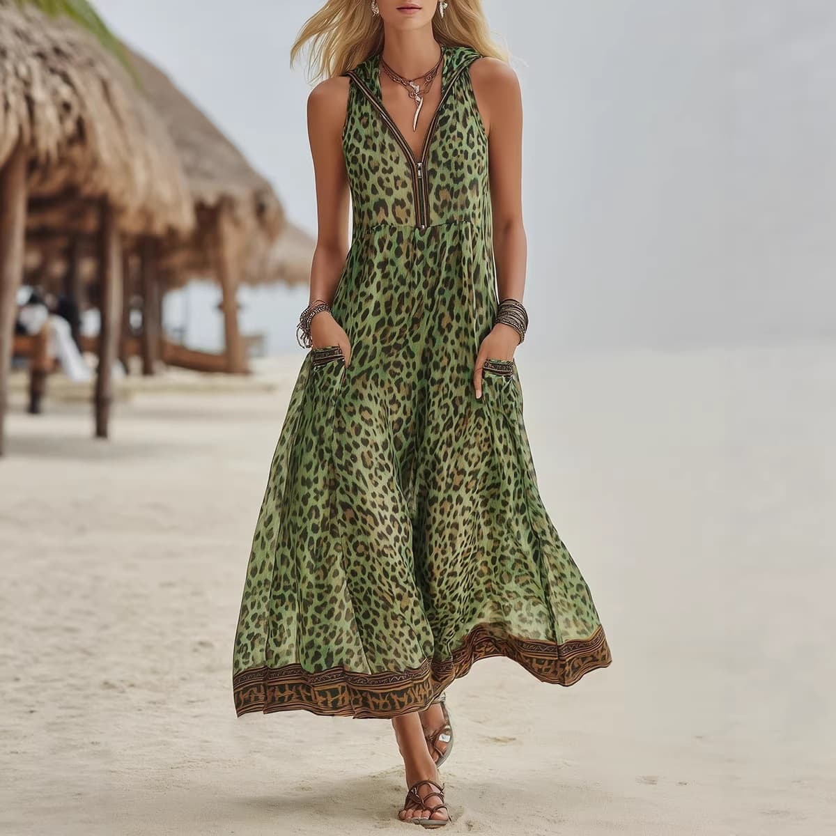2026 Cross-border Amazon TikTok Summer Casual Sleeveless V-Neck Leopard Print Art Hooded Midi Dress