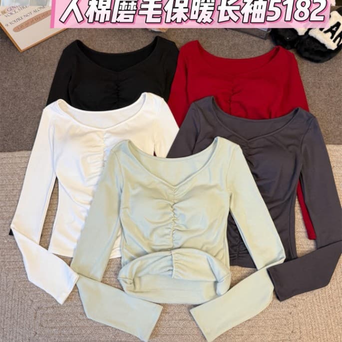 5182# Women's long-sleeved rayon brushed cotton warm design pleated T-shirt, sexy slim fit with bra padding, base layer top