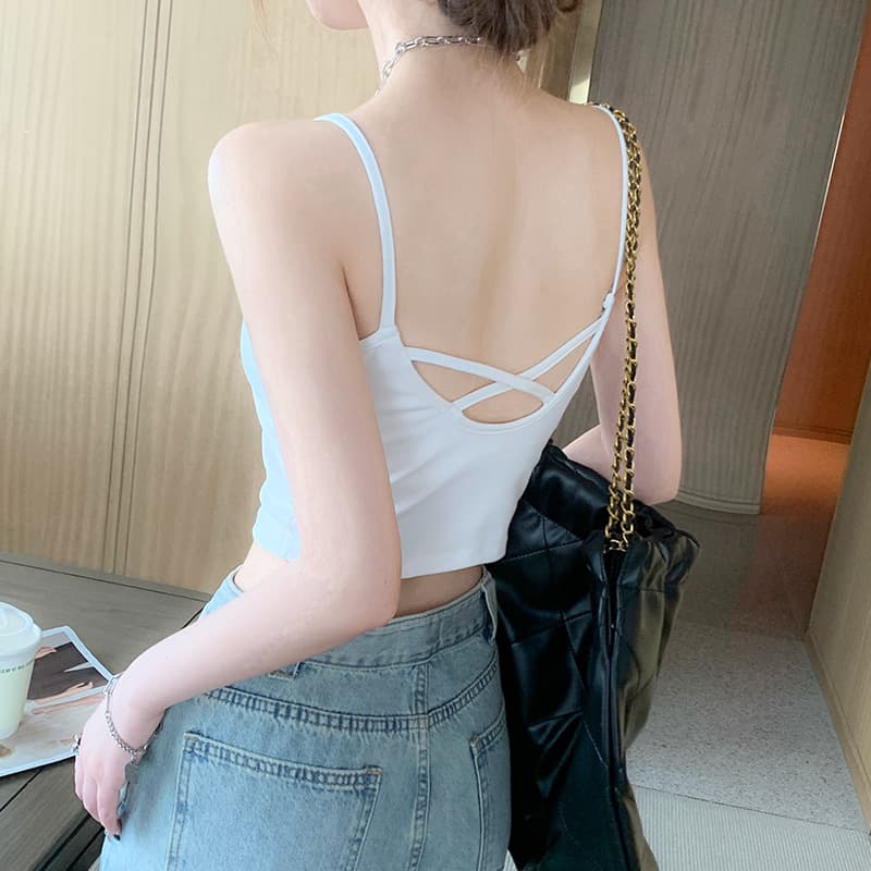 White Backless Strap Bra Camisole with Padded Cups for Women Summer Outerwear Essential Layering Top