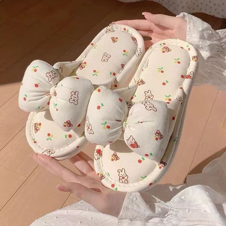 Versatile Soft-Soled Bestie Silent Floor Mop Linen Breathable Spring and Autumn Bow Slippers Women's New Home Shoes