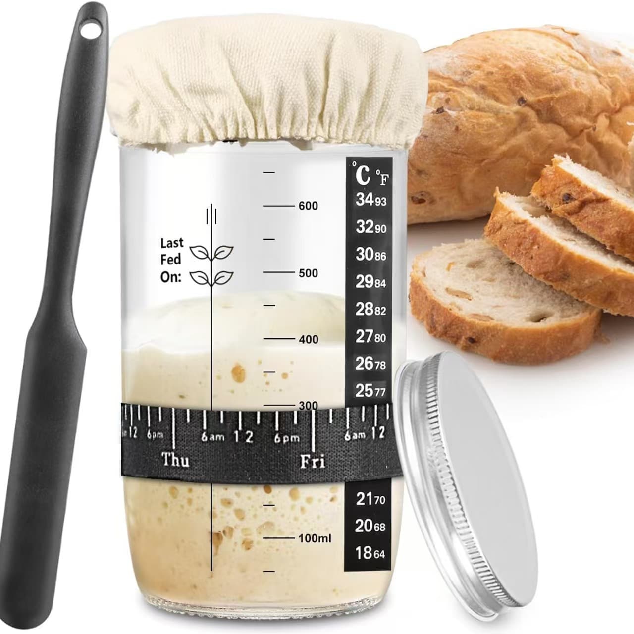 Amazon Hot Selling Cross-border 24oz Sourdough Starter Glass Jar with Mixing Spoon for Dough Fermentation Bread Baking