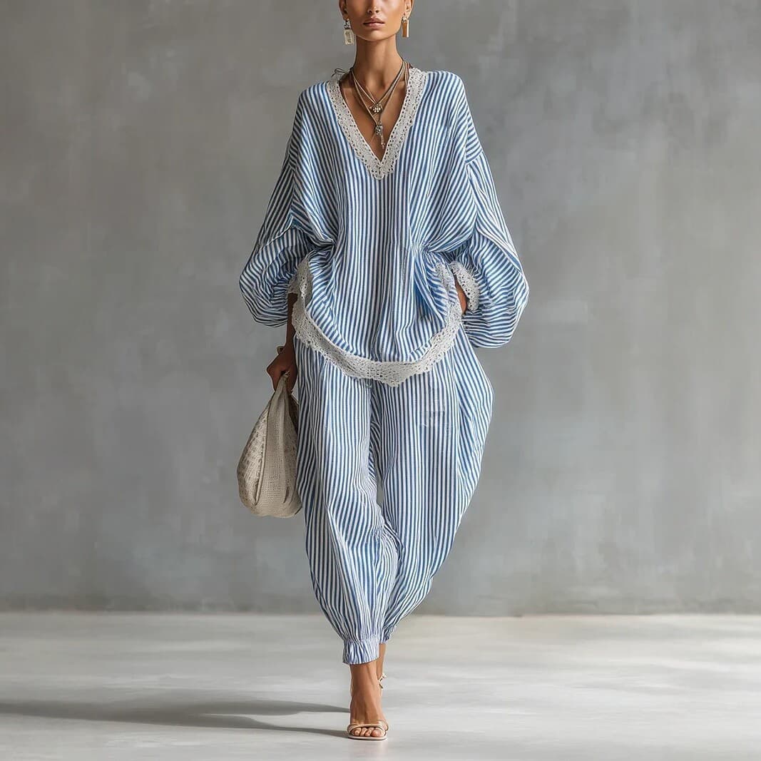 Blue and white striped lace-trimmed loose-fitting women's suit, 2026 new European and American style, casual long-sleeved wide-leg pants two-piece set.