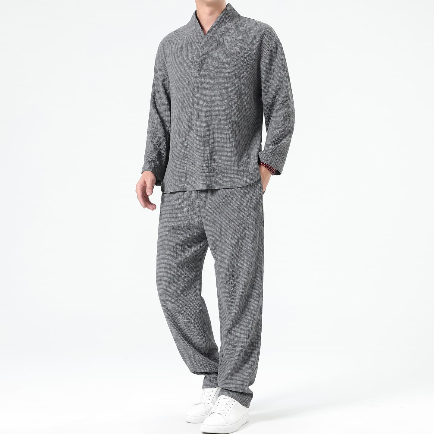 2026 Chinese Style Summer New Men's Solid Color Ice Silk Long-Sleeve T-Shirt and Pants Set, Loose Thin Two-Piece Set