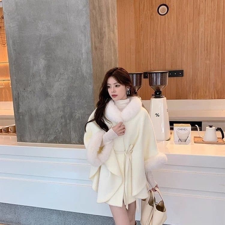 Fall/Winter Faux Fur Collar Coat Chic Solid Color Petite Elegant Loose Cashmere Shawl Jacket