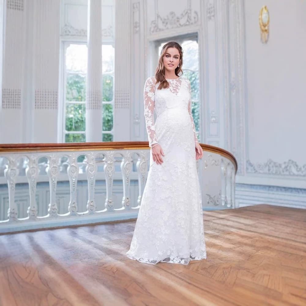 Maternity dress European and American maternity dress lace long-sleeved V-shaped back hem puff skirt maternity wedding dress