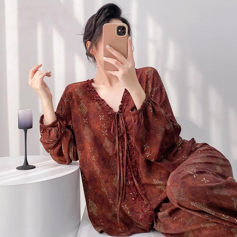 Women's Cotton Silk Pajamas 2026 Spring-Summer Long Sleeve Printed Loungewear Loose Fit Wear-Out Plus Size Cotton Silk Set