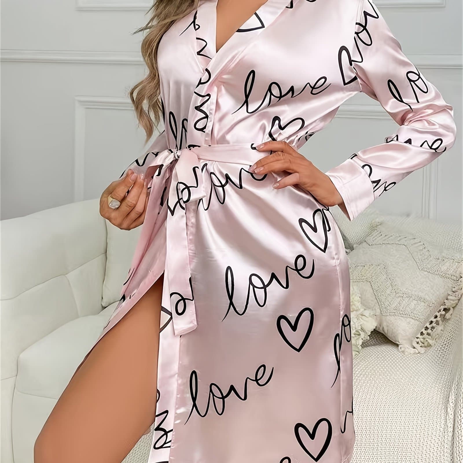Cross-Border Temu Autumn and Winter New Women's Satin Printed Long-Sleeved Nightgown with Tie, Short Bathrobe, Home Sexy Pajamas