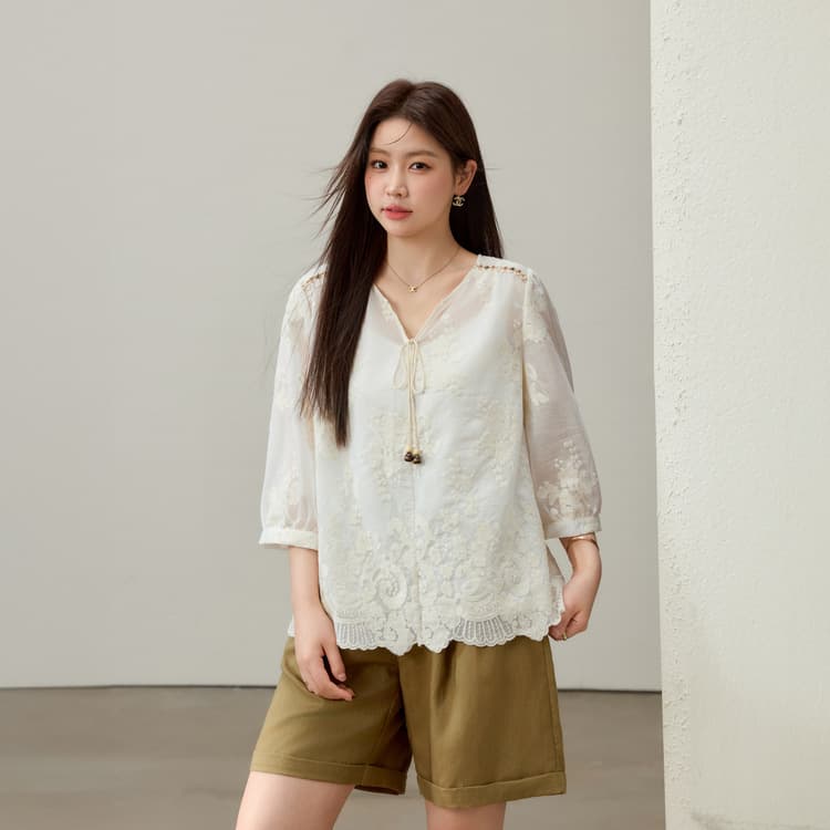 【South France Holiday】Ethnic Embroidered V-Neck Lace Blouse Xianlixiu Plus Size Women's Summer New Arrival