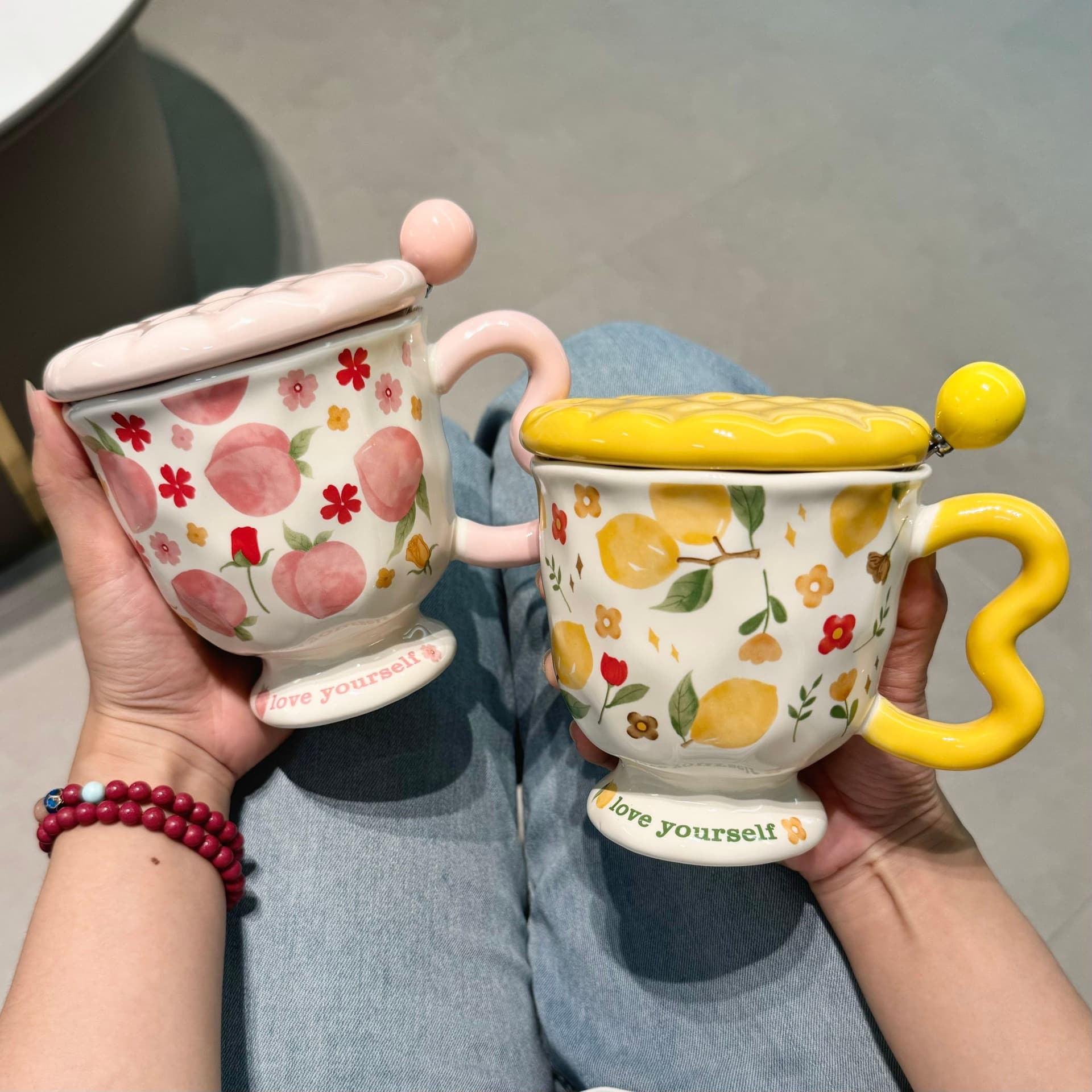 High-Aesthetic Ceramic Mug with Lid, Vintage Tall Stem Cup, Household Water Cup for Women, Office Coffee and Tea Cup