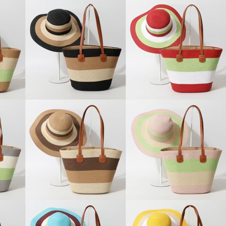 2026 New Stripe Woven Straw Bag Summer Large Capacity Solid Color Handbag Shoulder Tote Bag Cross-Border