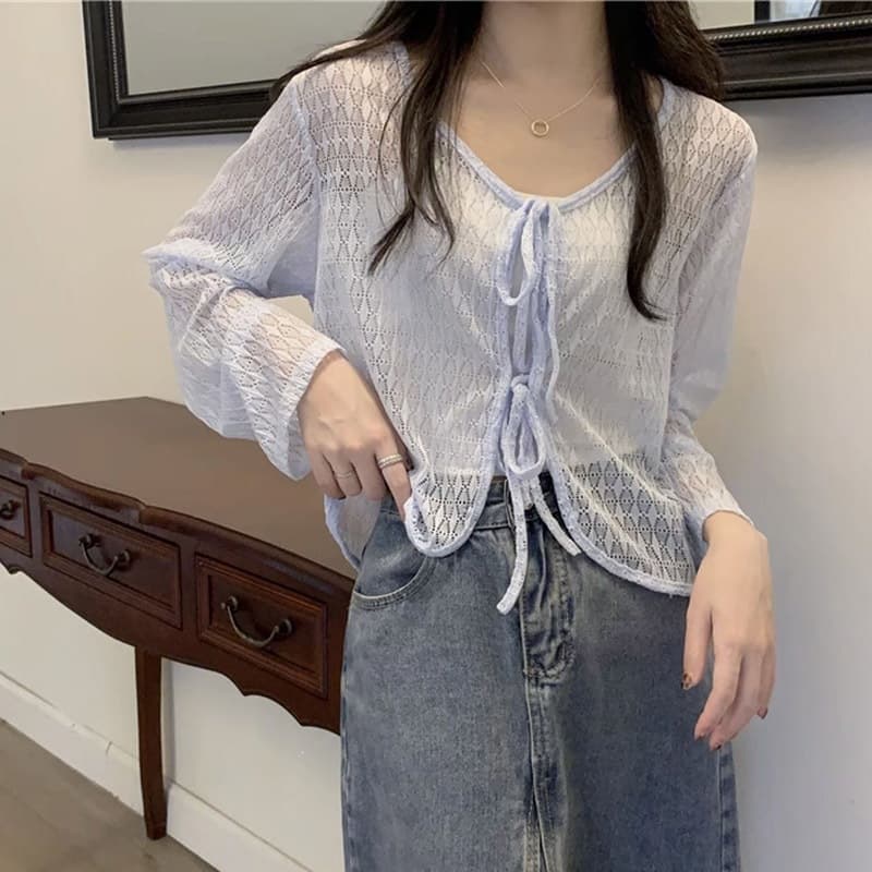 Official Image Actual Price Ice Silk Mesh Sun Protection Shirt Fairy Summer Thin Air Conditioning Lace Cardigan Outerwear Tie Top