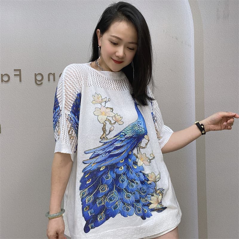 New Summer Knitted Short Sleeve Plus Size Women's European Style Heavy Rhinestone T-Shirt, Women's Apparel for Export, Drop Shipping with Free Shipping