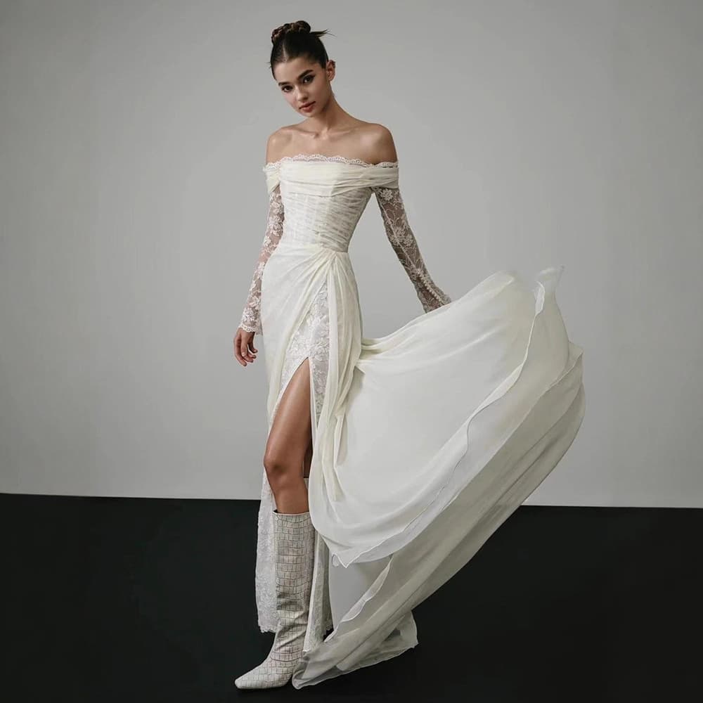 French Long Sleeve Lace Light Wedding Dress 2026 New Off-Shoulder Vintage Forest-Inspired Going-Away Gown Mermaid Silhouette