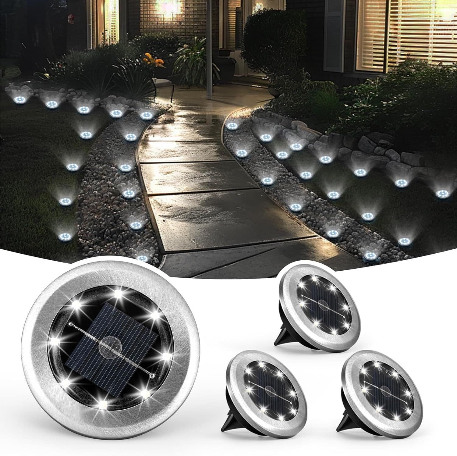 New outdoor solar-powered 8LED stainless steel in-ground light for courtyards, lawns, roads, gardens, and pathways.