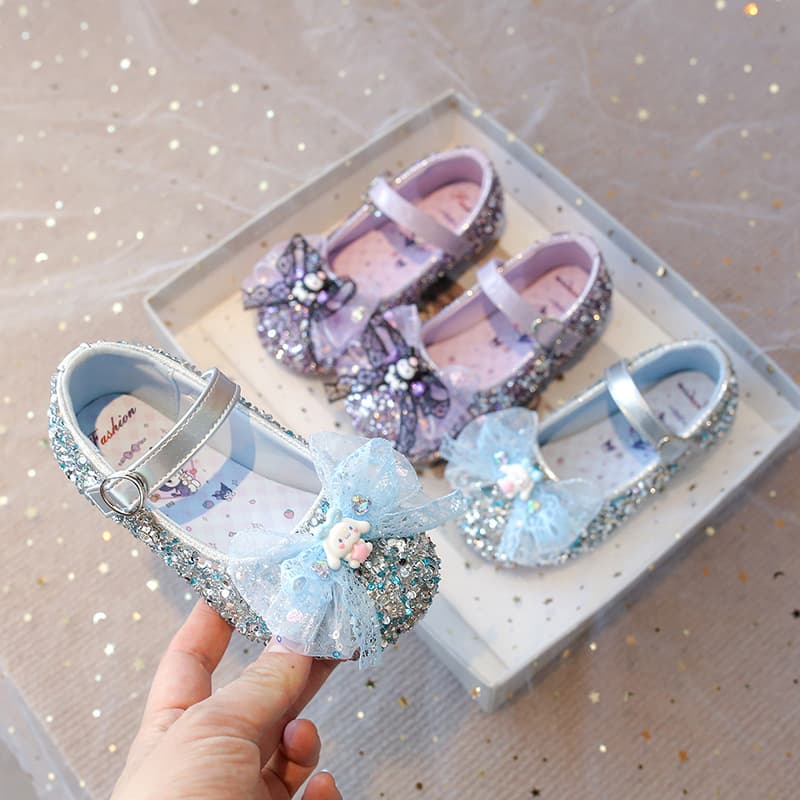 Girls' Sparkly Performance Princess Shoes 2025 Spring/Summer New Mesh Bow Cartoon Character Leather Pumps
