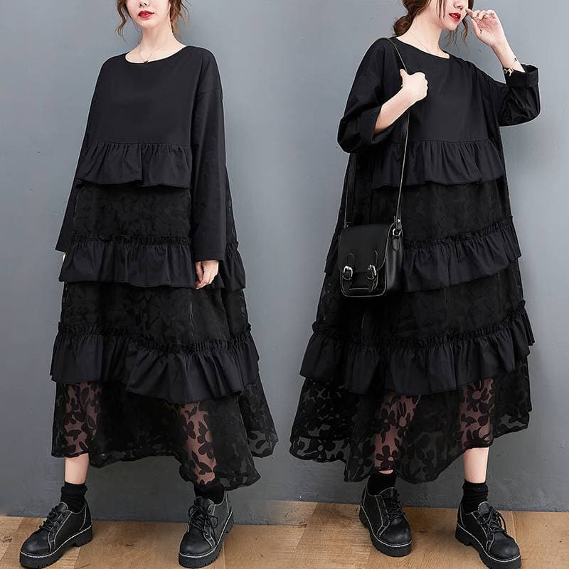 2026 Spring New Plus Size Floral Mesh Dress Little Black Dress Versatile Tiered Dress