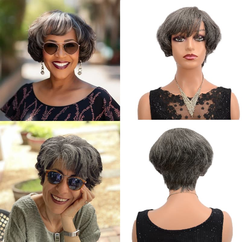 Dark Gray Human Hair Full Wig Machine-Made Short Dark Gray Granny Gray Curly Short Hair for Cross-Border Trade