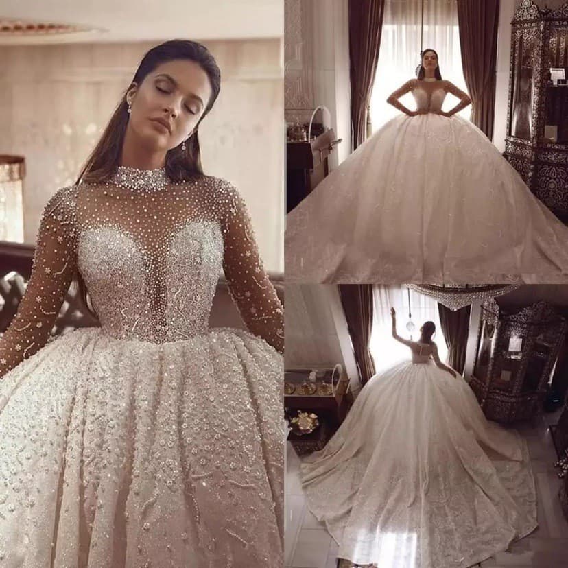 2026 New Style AliExpress Export Wedding Dress African Cross-Border Bride Lace Long Sleeve Wedding Gown Heavy Beading