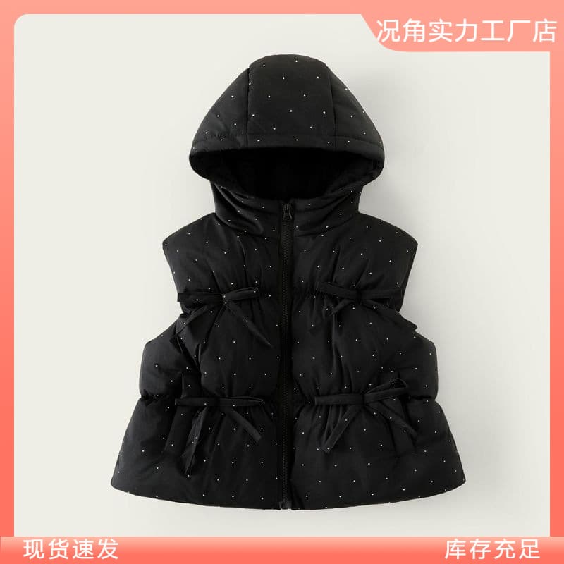 Autumn Winter Girls Cute Adorable Outdoor Cotton Vest Butterfly Knot Hooded Solid Color Down Cotton Vest Black Trendy