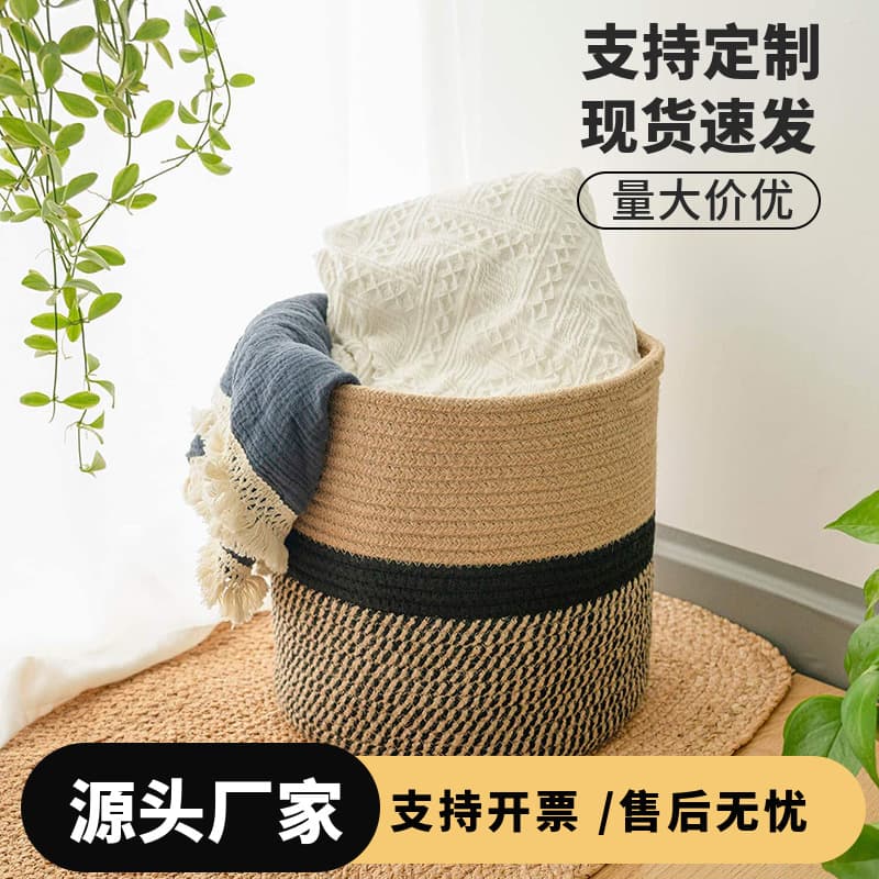 Handwoven Cotton Rope Storage Basket Round Laundry Hamper Decorative Home Decor Grass Basket Flower Pot Basket Japanese Style