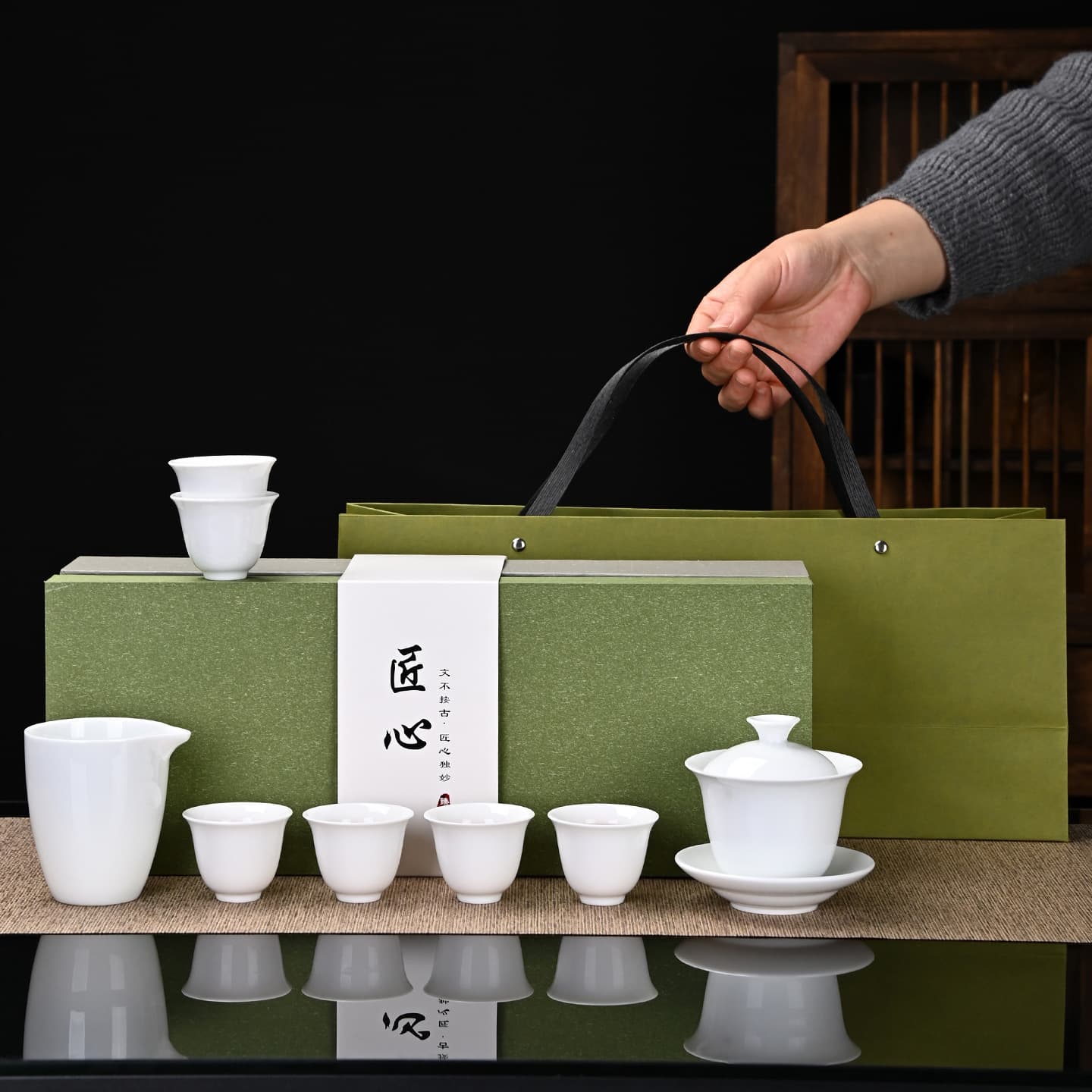 Dehua white porcelain household kung fu tea set three-cup covered bowl glass male cup small set business souvenir set