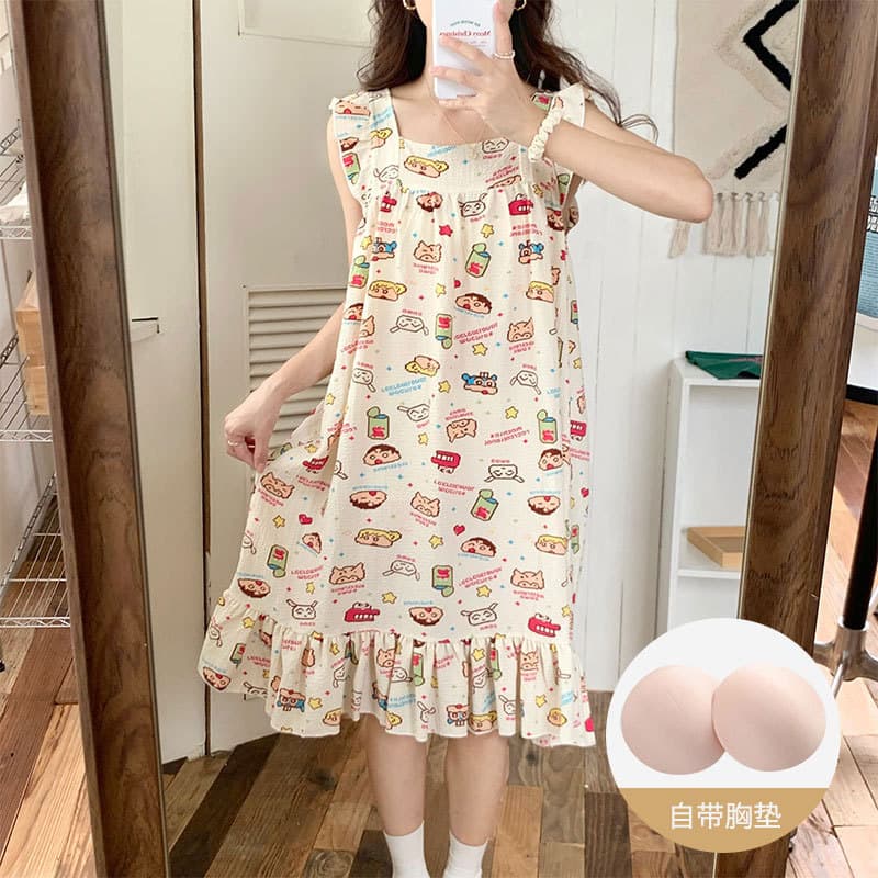 Women's Summer Pajamas, Camisole Nightgown with Built-in Bra, Cartoon Sweet Woven Crepe Cotton Bubble, Casual Summer Homewear