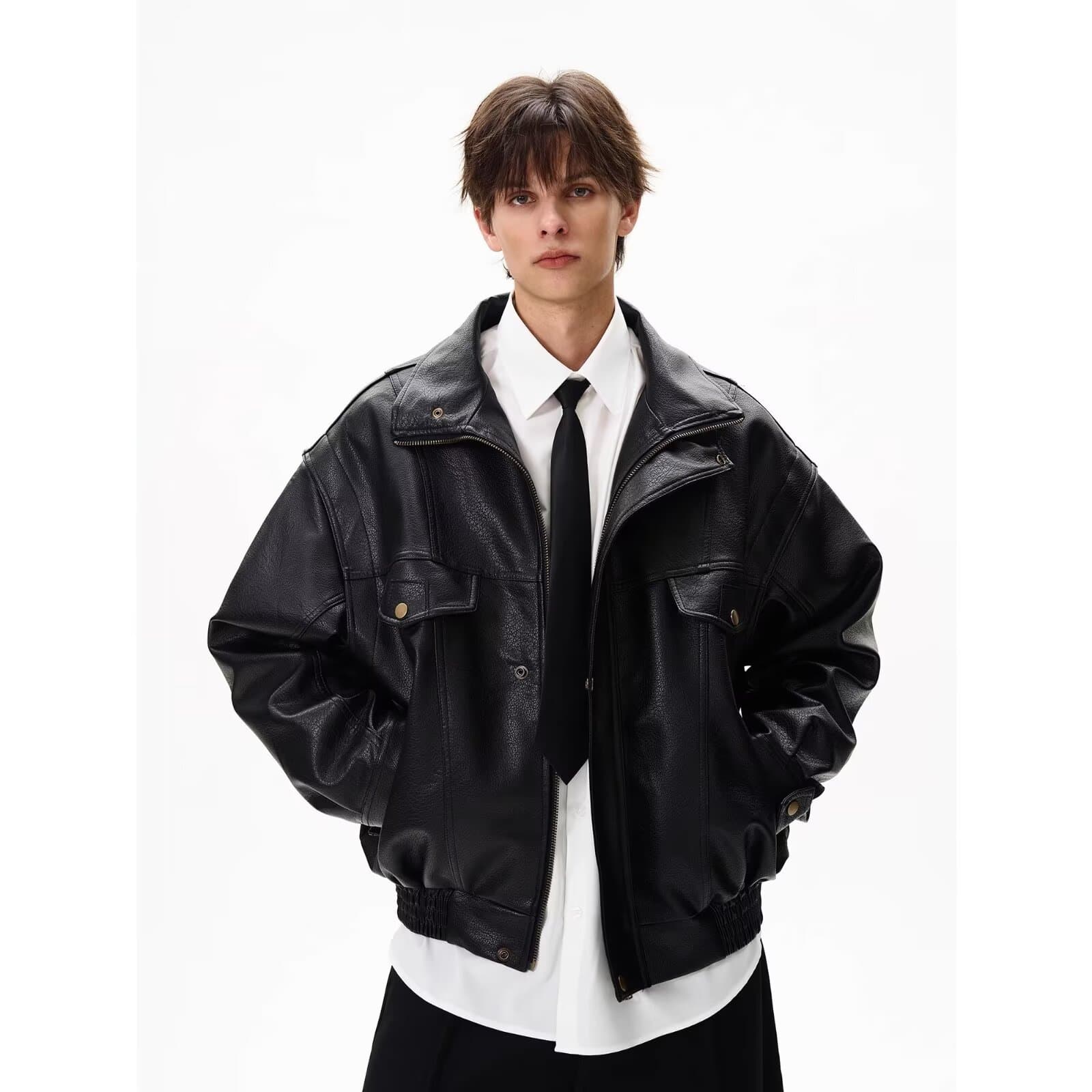 American Retro Biker Leather Jacket PU Leather Men's Women's Spring Autumn Trendy High-End Feel Flip Collar Zipper Casual