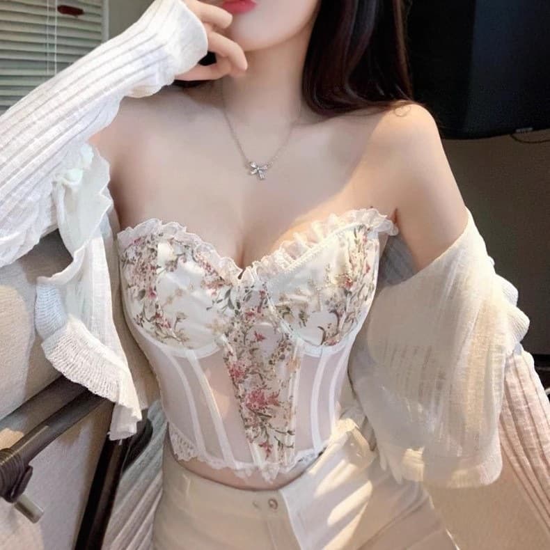Flower Embroidered Lace Tube Top Women's Summer Design Tight Sexy Short Fishbone Top