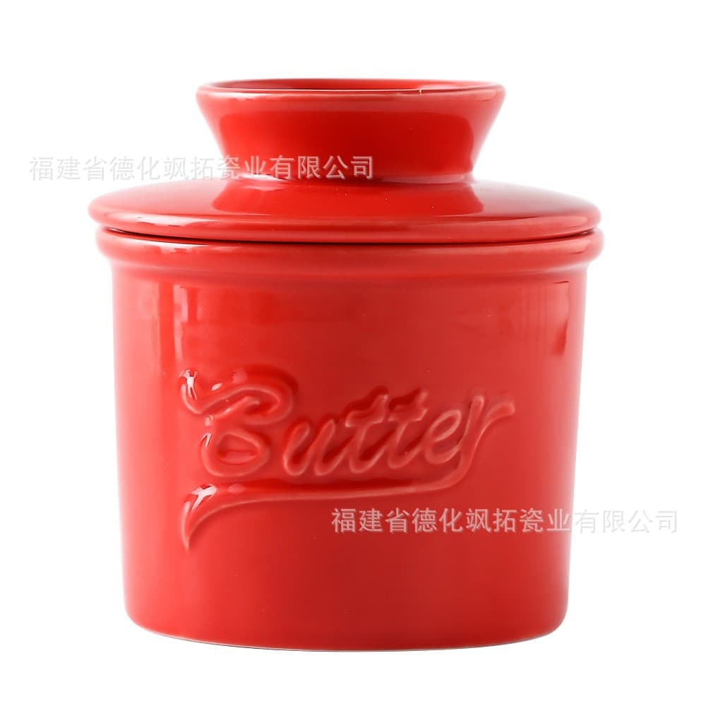Amazon Best Seller Ceramic Butter Jar with Embossed Logo Blue Butter Storage Container, Cheese & Butter Box with Lid Set