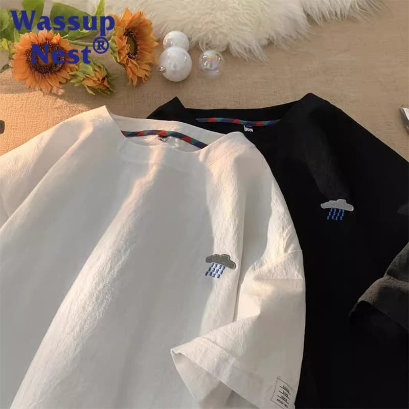 wasuup Embroidered Cotton Linen Short Sleeve T-Shirt Men Summer Loose Plus Size Oversized Top Streetwear Men's Linen