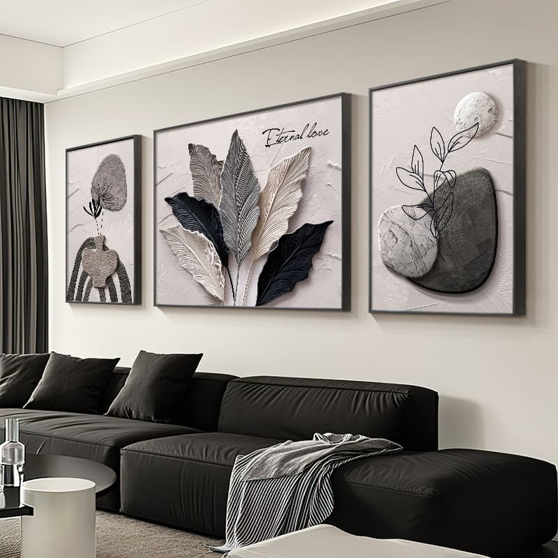 Large Living Room White Wall Decorative Painting with 3D Relief Texture, Sofa Background Wall Art, Premium Triptych Set