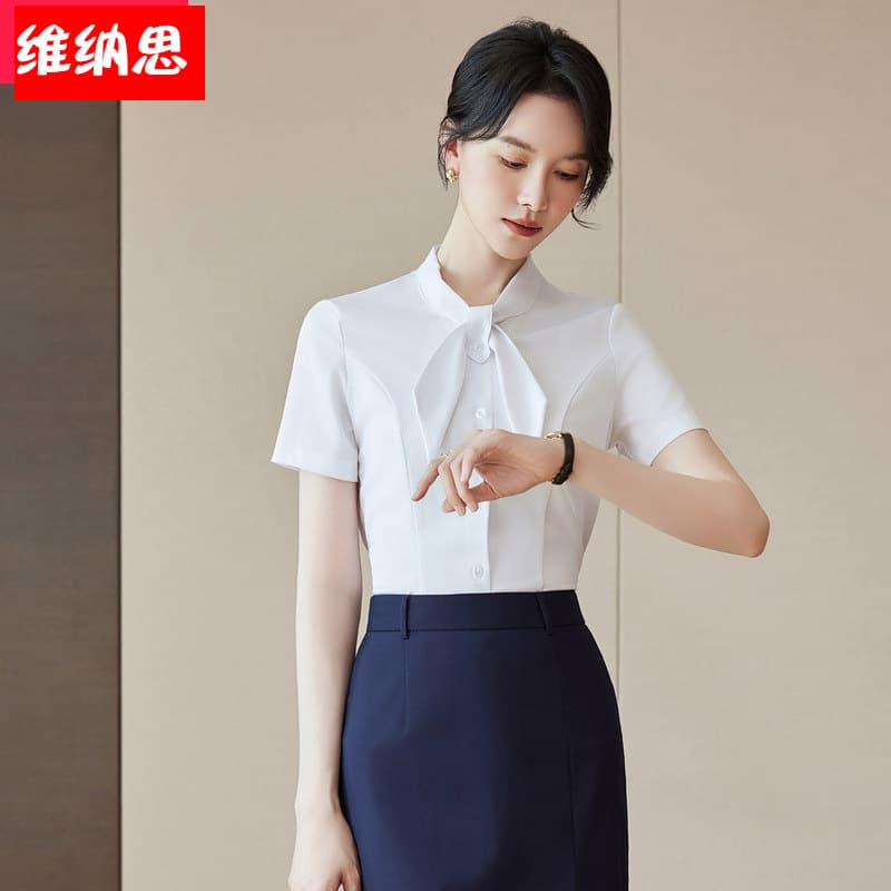Summer new style bow short-sleeved white shirt women's beauty salon jewelry store formal work clothes professional shirt suit