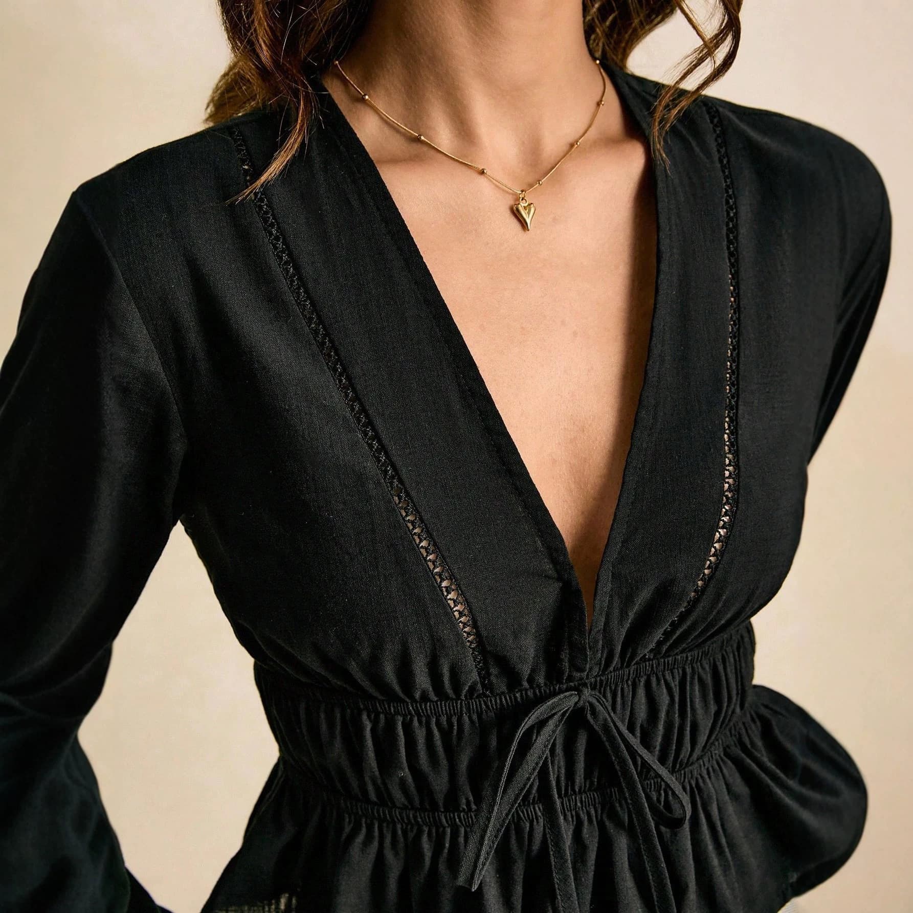 2026 New Deep V-Neck Waist-Tie Lace Hollow Hem Ruffle Blouse for Cross-Border Amazon EU & US