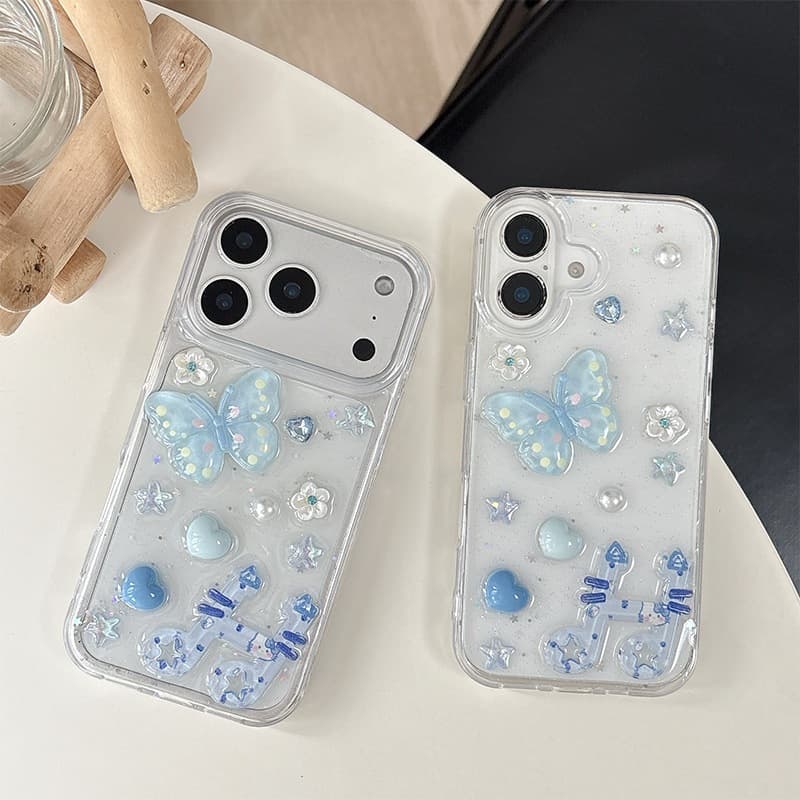 Transparent Epoxy Phone Case for Apple 18 Pro iPhone 17 with Floral Fresh Style Butterfly Cat Music Note Design