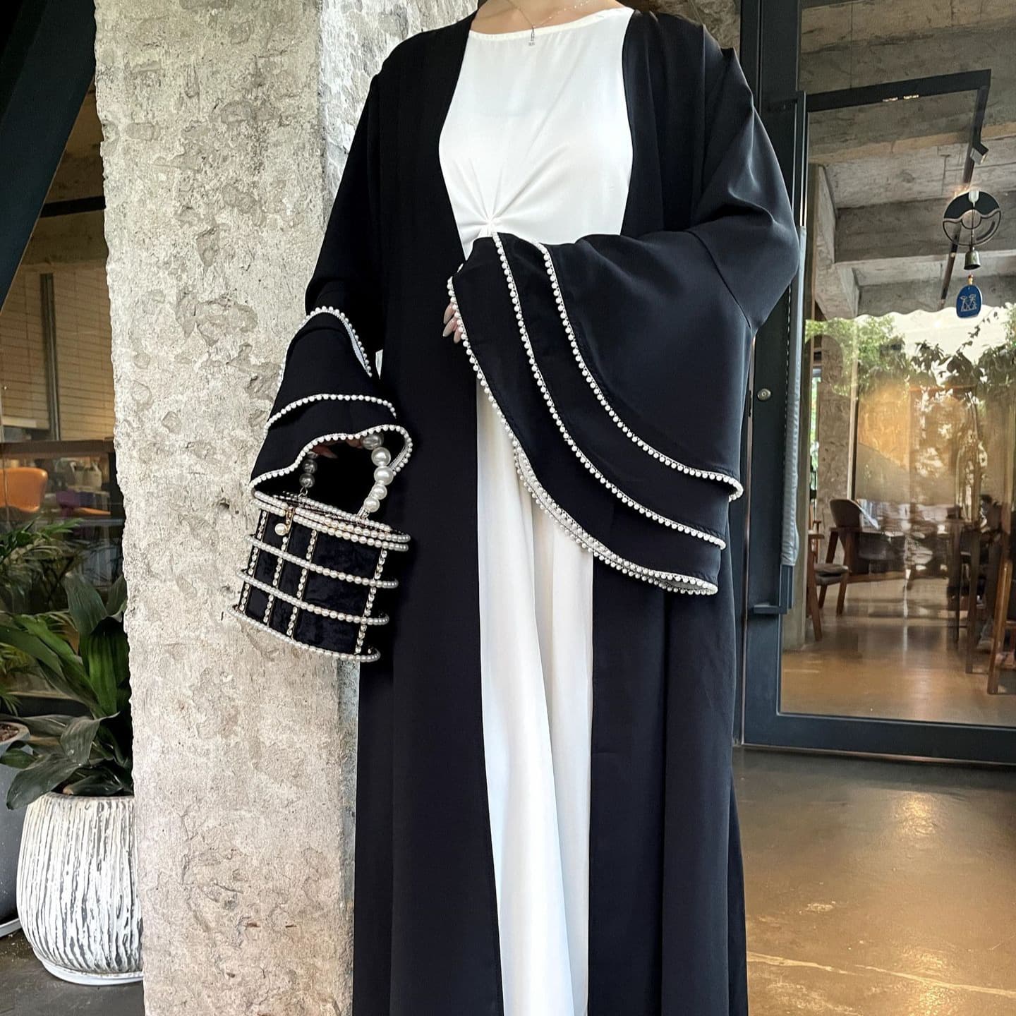 European and American Cross-Border Pearl Sleeve Dress Set Minimalist Outer Cardigan Foreign Trade Modest Women's Clothing
