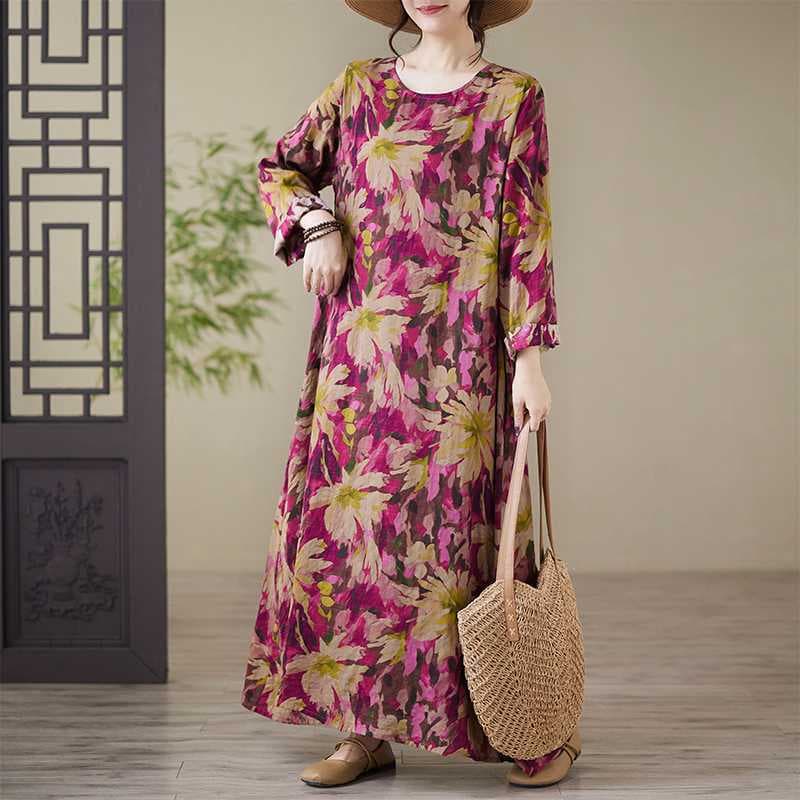 Real Shot In Stock Foreign Trade Cotton Linen Print Round Neck Loose Plus Size Long Sleeve Chubby Girl Plus Size Holiday Dress