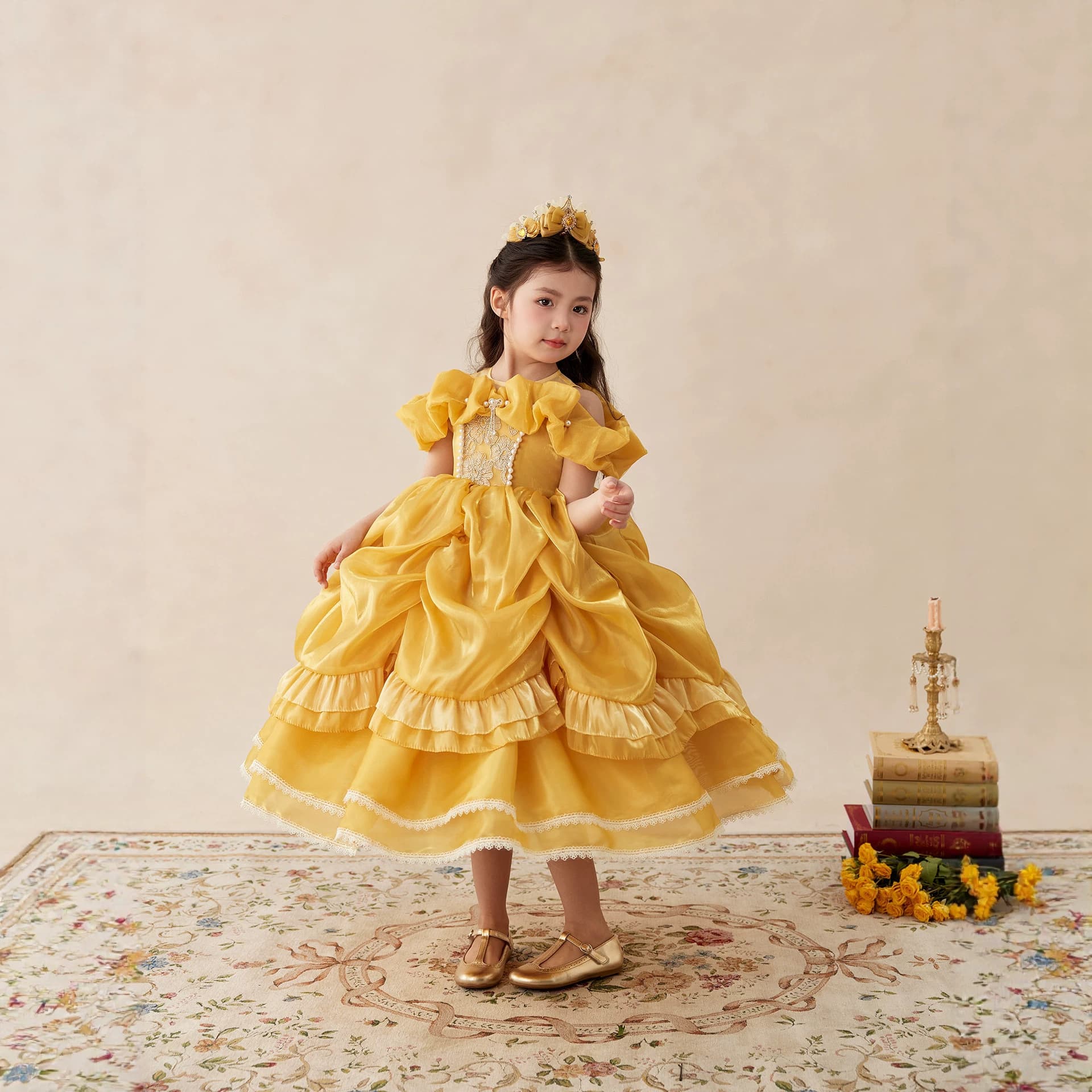 SONNYKIDS Girls Spring/Summer Vintage Court Style Belle Princess Dress Birthday Gown Heavy-Duty Performance Dress