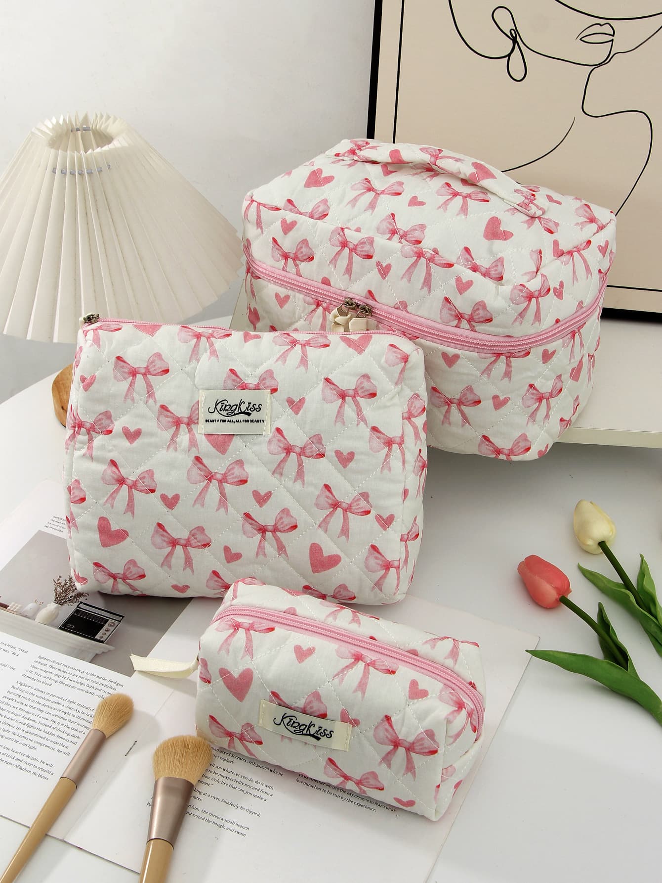 Quilted Floral Makeup Bag 3-Piece Set, Large Capacity Compartment Toiletry Bag, Portable Travel Cosmetics Organizer