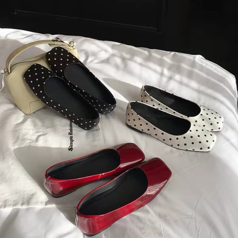 French-Style Niche Design Retro Black and White Polka Dot Mary Jane Ballet Flats with Hidden Height Increase, Versatile Shoes