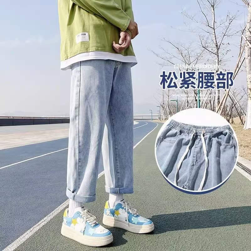 Elastic Waist Summer Straight Jeans Loose Wide Leg Pants Trendy High Waist Casual Retro Jeans Men's Wholesale