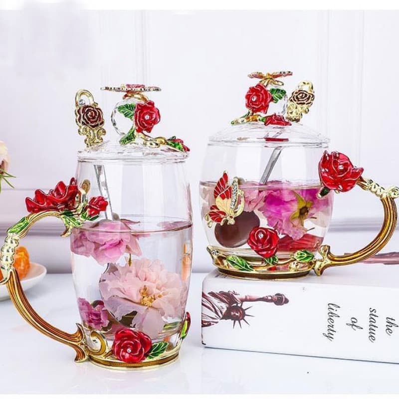 Floral Tea Cup with Lid Creative Living Room Breakfast Water Cup Light Luxury Milk Cup Colorful Women's Cup Glass Cup for Home